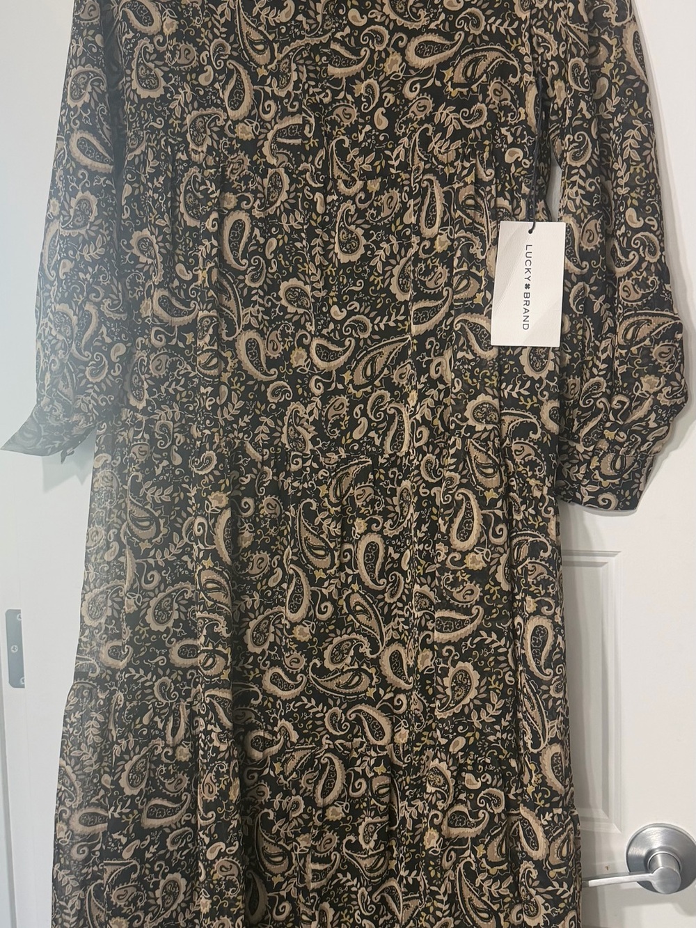 Lucky Brand Black and Tan Paisley Tiered Long Sleeve Midi Dress
